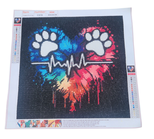 Finished Diamond Painting - Pawprint Heart & Heartbeat, Rainbow Splatter