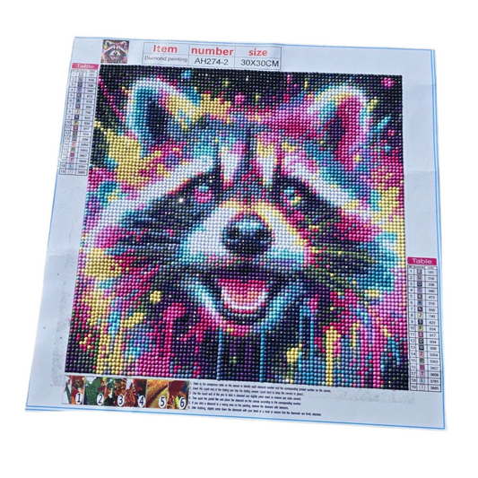 Finished Diamond Painting - Neon Paint Splatter, Racoon