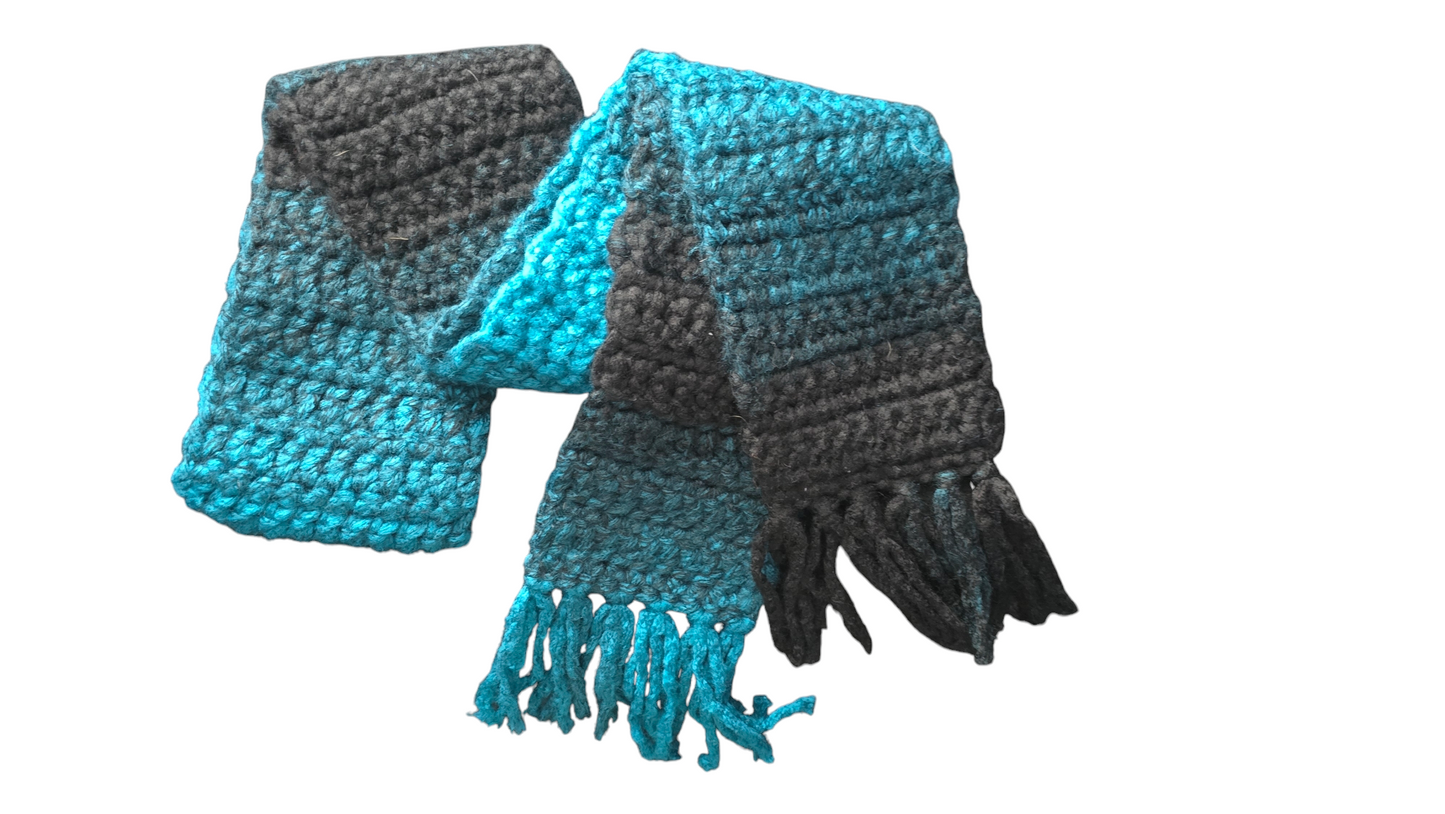 Crocheted Scarf: Chunky Black & Teal Blend