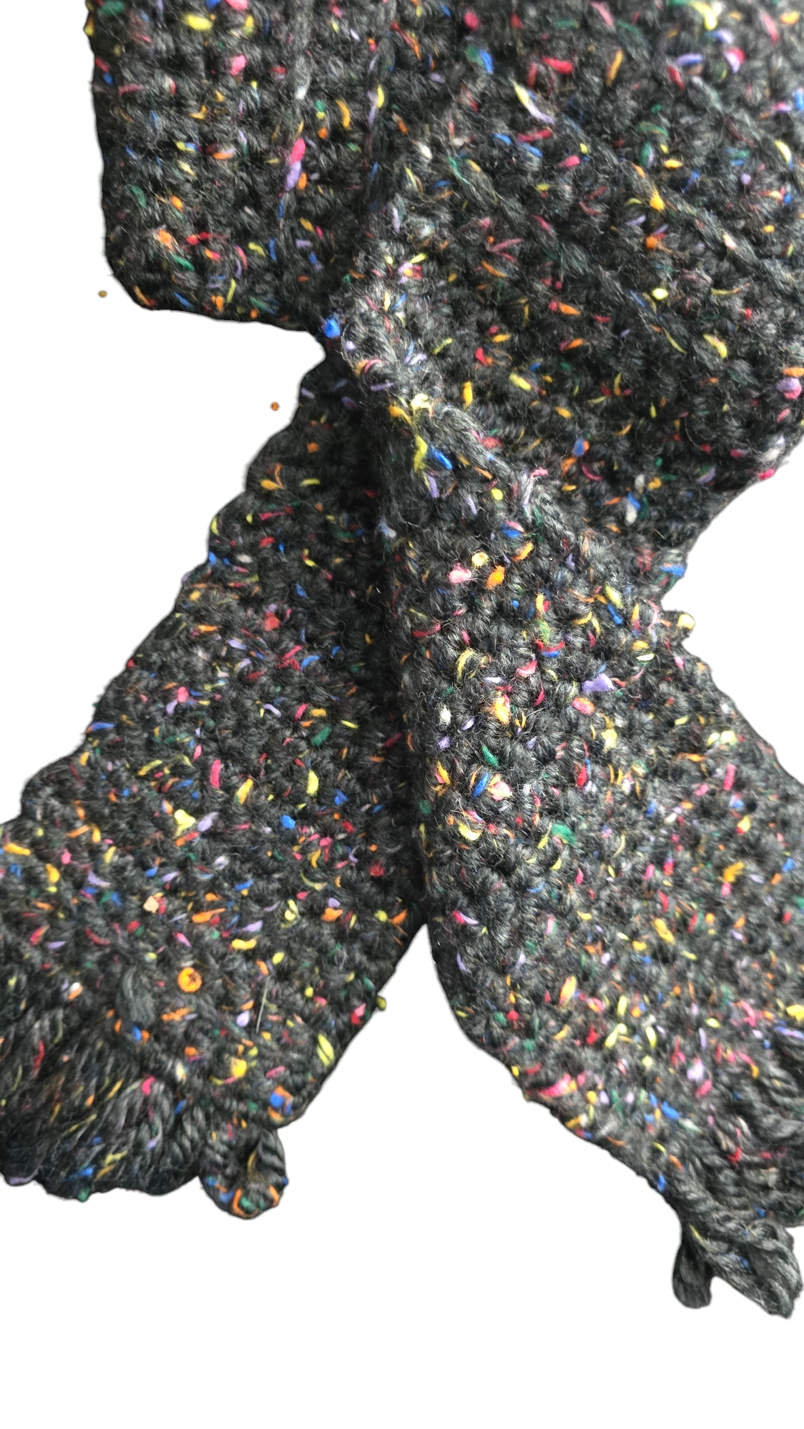 Crocheted Scarf: Charcoal Grey with Rainbow Flecks