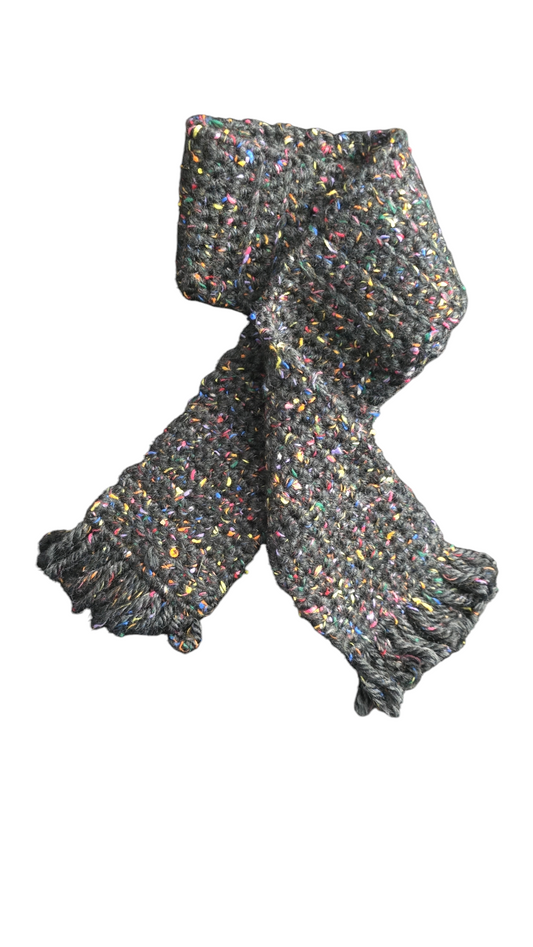 Crocheted Scarf: Charcoal Grey with Rainbow Flecks