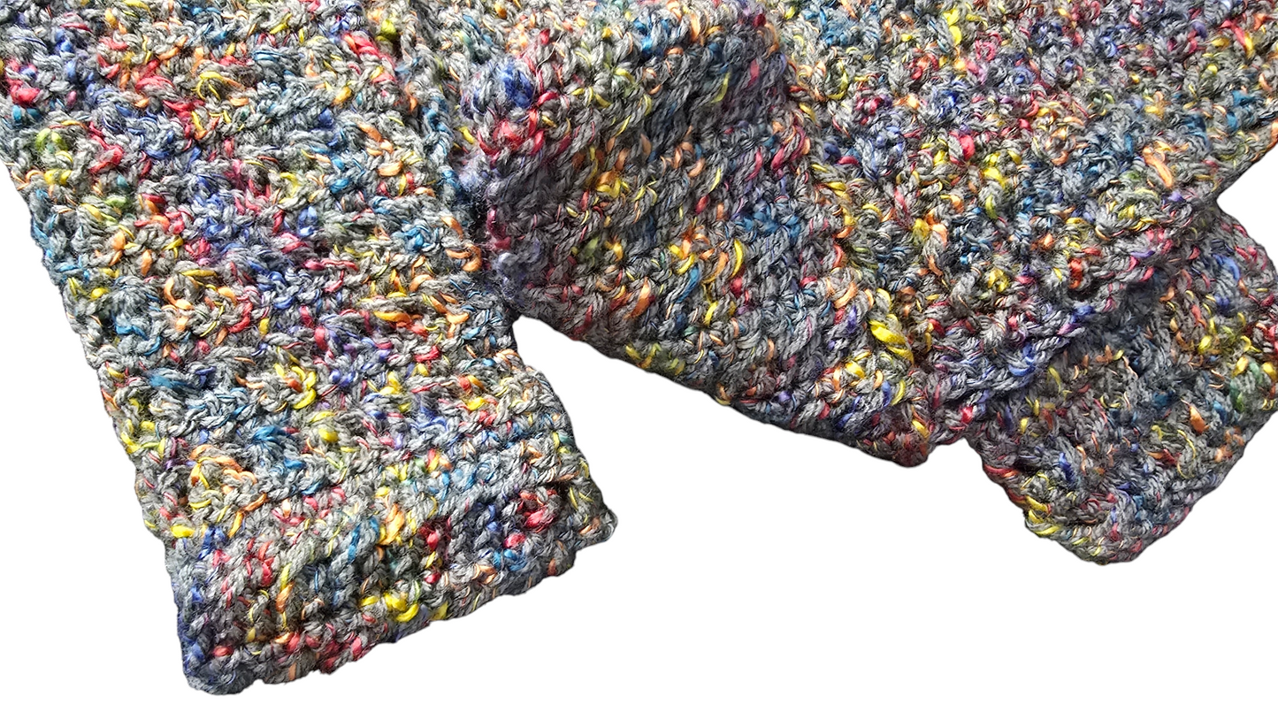 Crocheted Scarf: Grey with Rainbow Blend