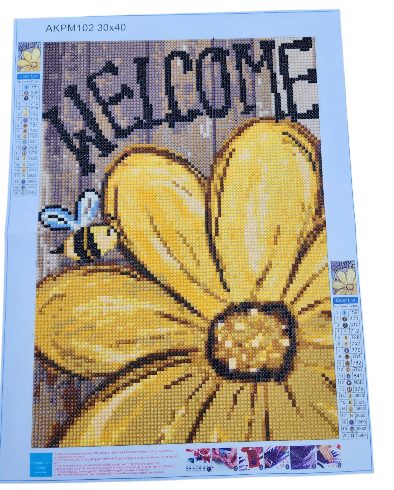 Finished Diamond Painting - Welcome Sign, Daisy & Bee