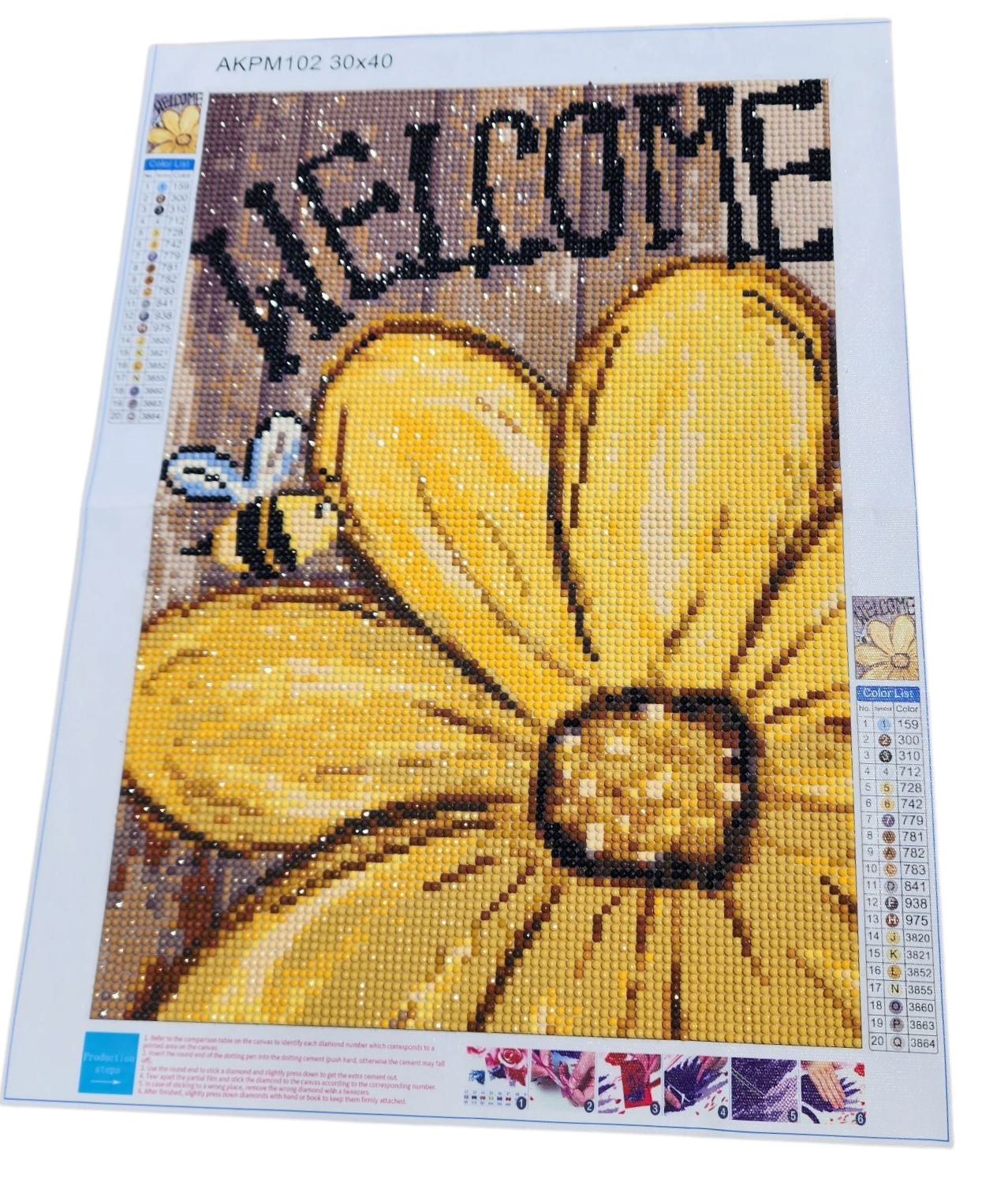 Finished Diamond Painting - Welcome Sign, Daisy & Bee