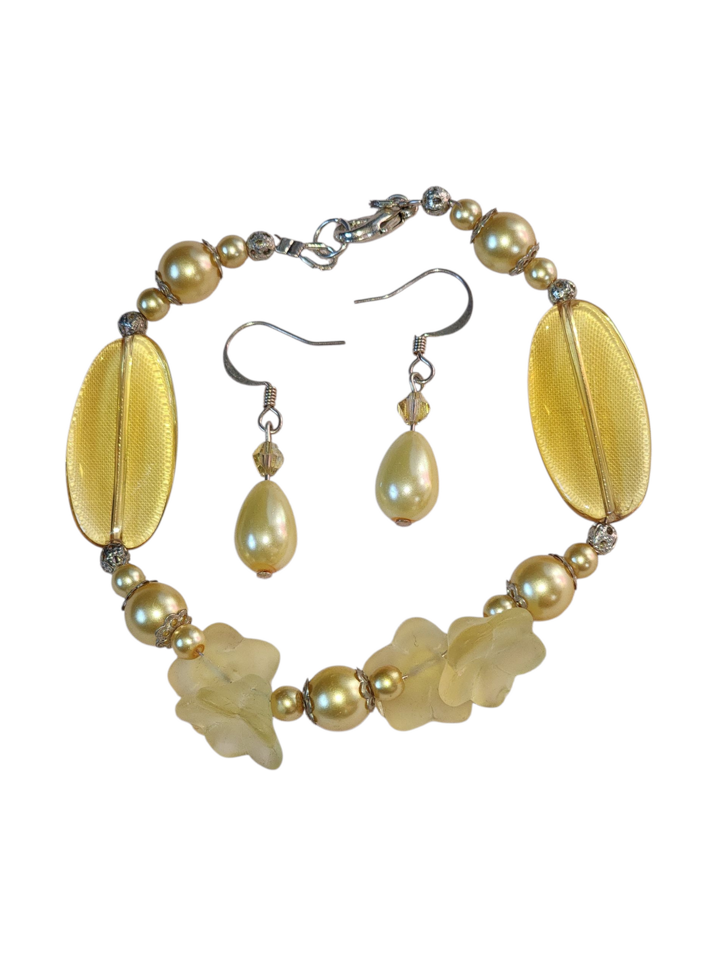 Handcrafted Jewelry Set – Bracelets & Earrings, Yellow Pearls and Flowers