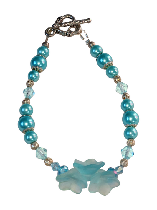 Handmade Bracelet, Blue Flowers & Pearls