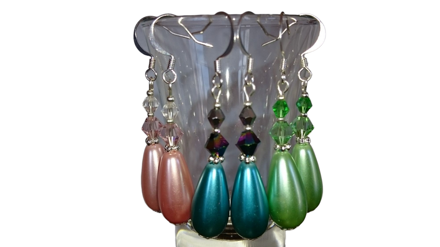 Handmade Large Teardrop Pearl & Crystal Earrings - Assorted Colors