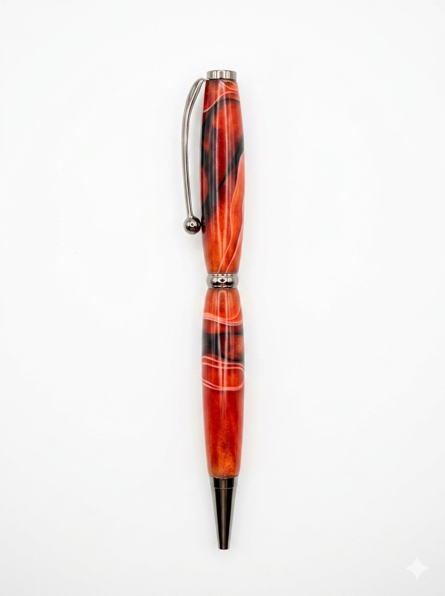 Hand Turned Acrylic Pen - Red & Black Shimmer, Silver