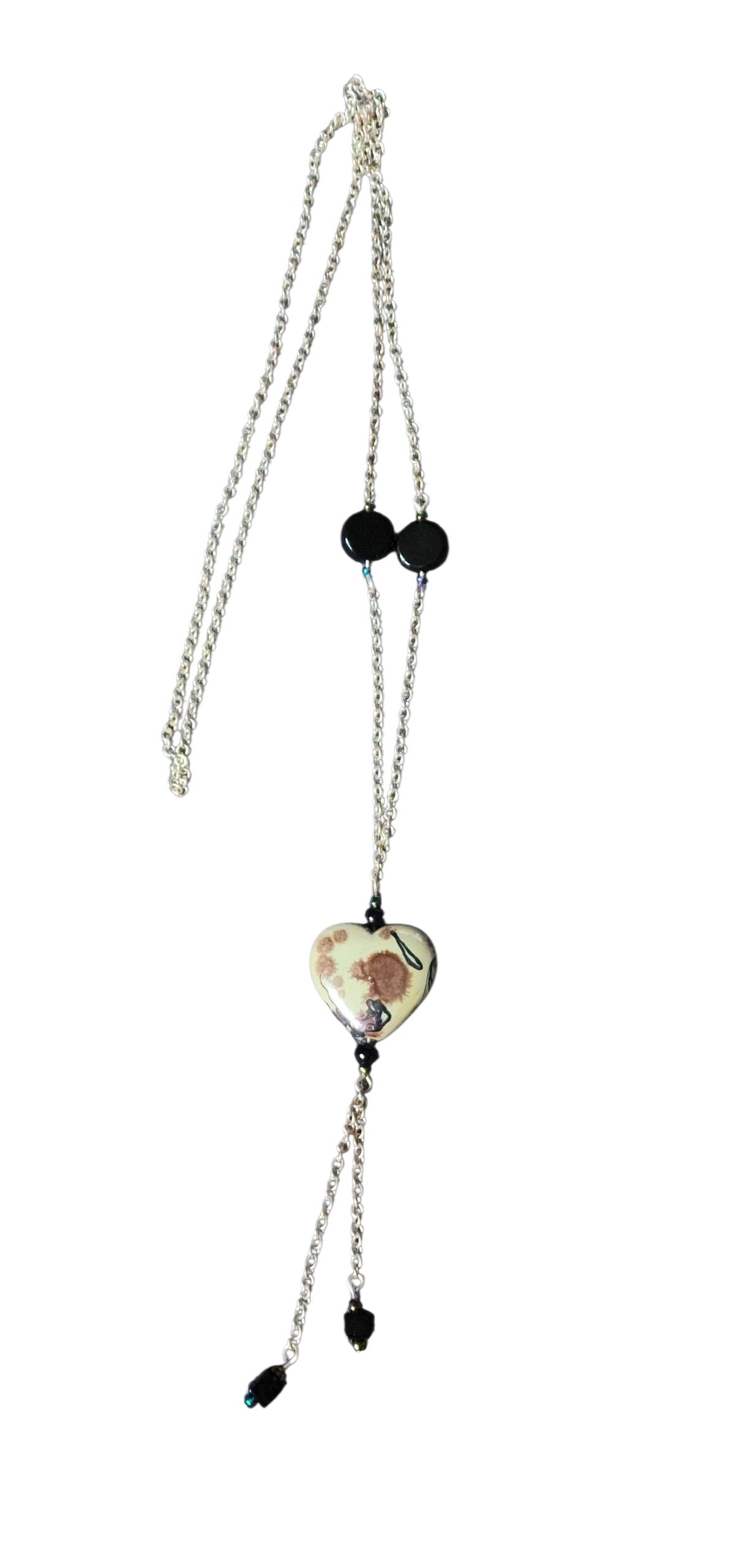 Handmade Beaded Necklace, Long - Rainbow Heart w/ Dangles