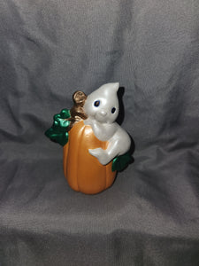 Ceramic Fall / Halloween Decoration - Ghost on Pumpkin with Leaves