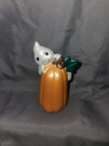 Ceramic Fall / Halloween Decoration - Ghost on Pumpkin with Leaves