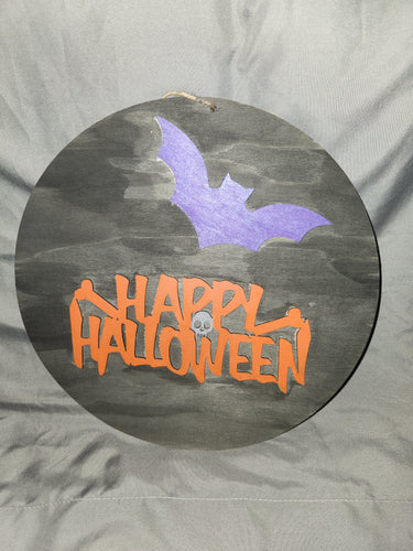 Wooden Sign - Circle, Happy Halloween w/ Bat