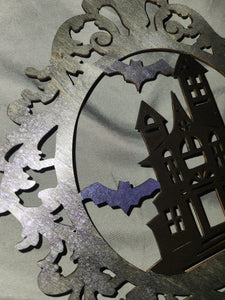 Wooden Sign - Circle, Haunted House w/ Bats