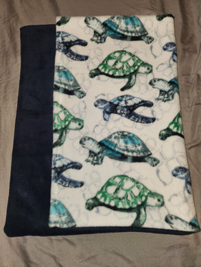 Pillowcase - Turtles, Blue Teal & Green on White Fleece::Navy Luxe Fleece