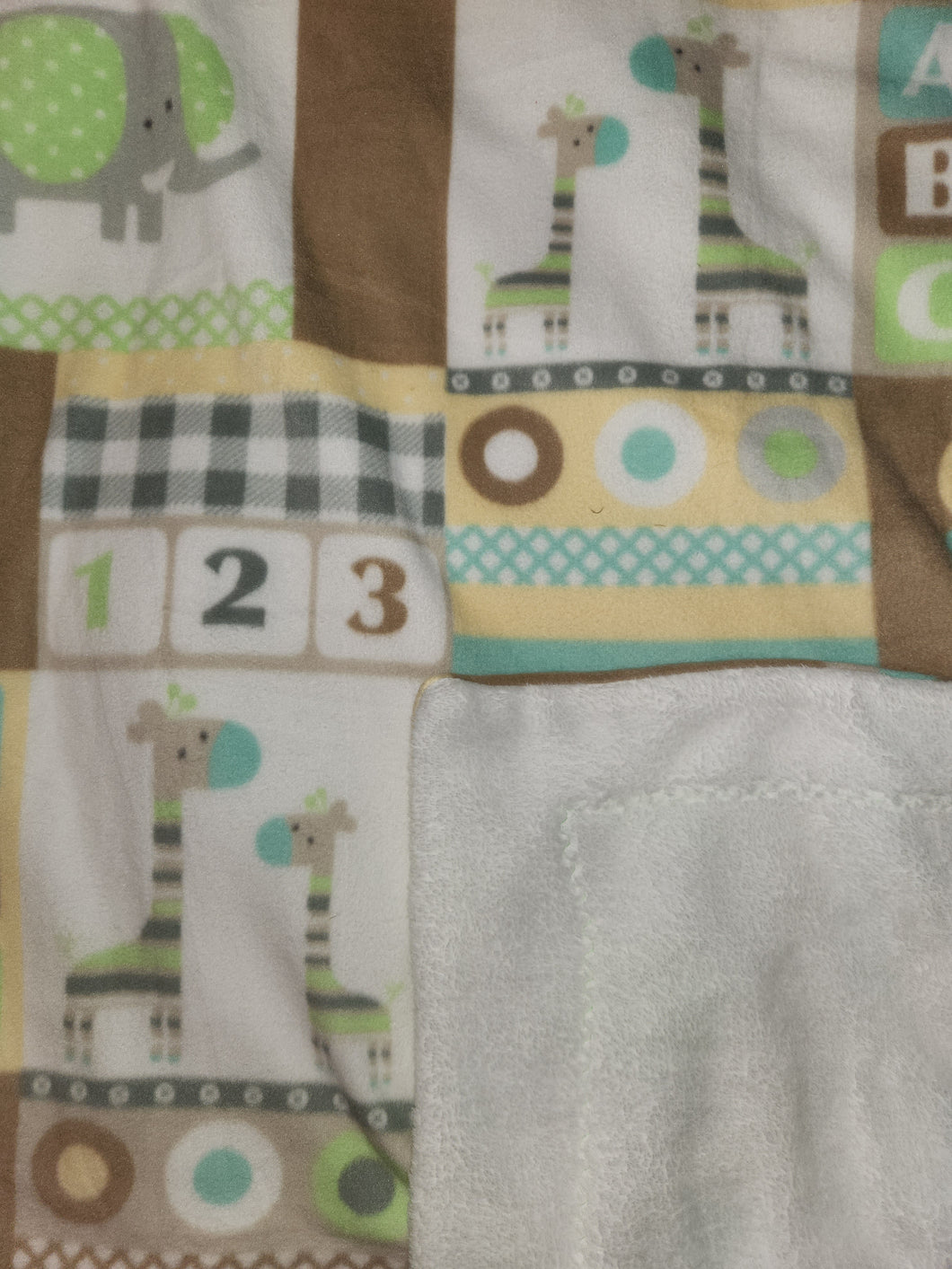 Throw Blanket - Block, Numbers & Animals, Brown Tan Green & Aqua Fleece::White Minky