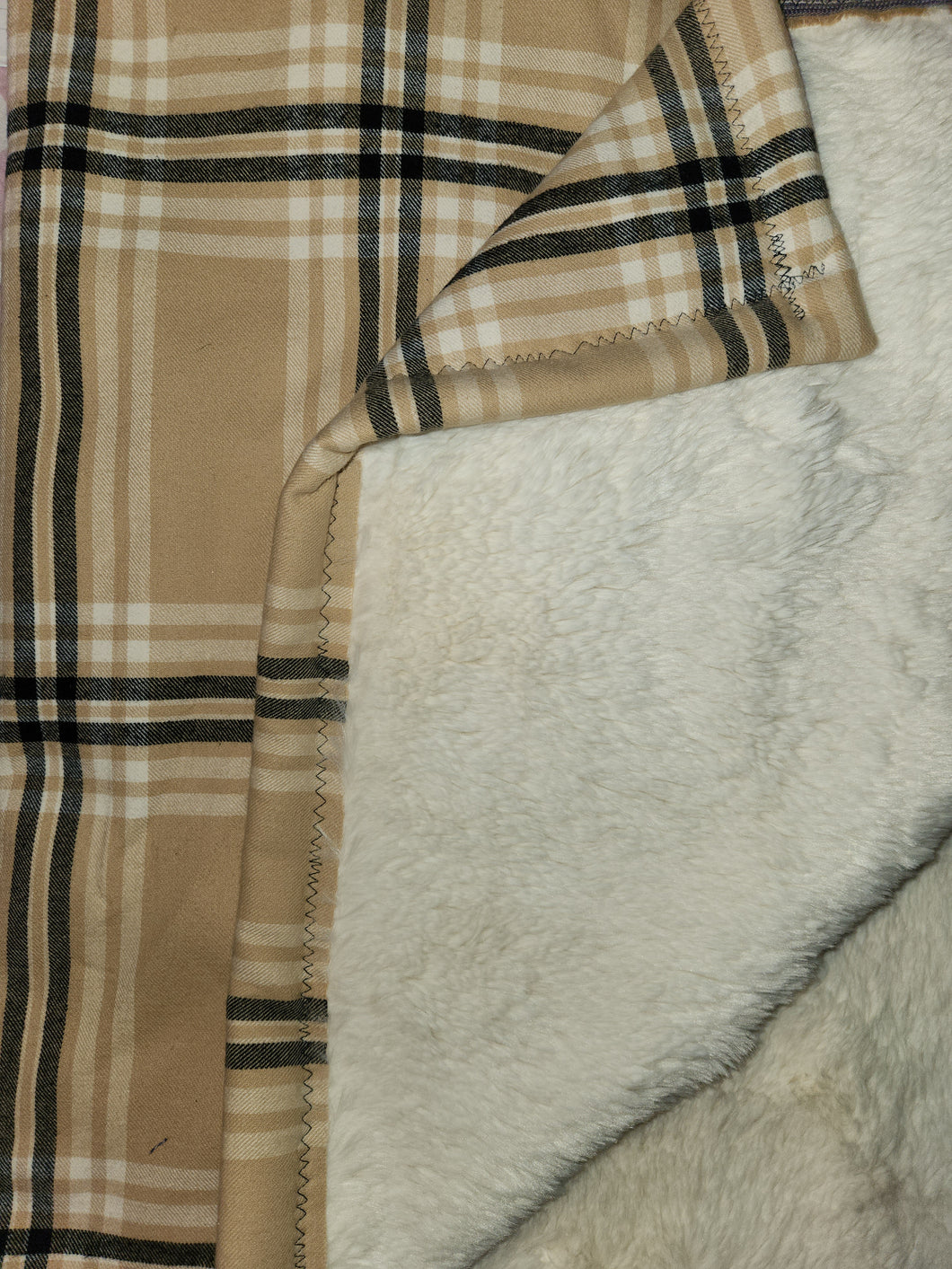 Throw Blanket - Plaid, Black White & Tan::Ivory Faux Fur