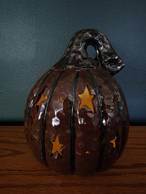 Ceramic Decoration - Pumpkin, Small Round w/Stars; Lighted