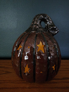 Ceramic Decoration - Pumpkin, Small Round w/Stars; Lighted