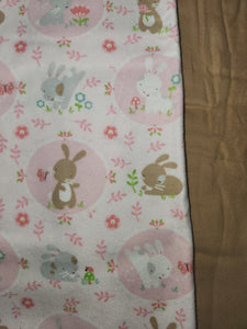 Receiving Blanket - Bunnies, Pink Flowers & Butterflies Flannel::Tan Flannel