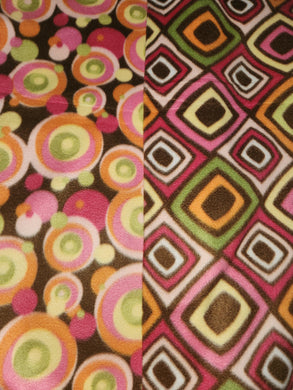 Throw Blanket - Circles; Pink, Orange, Green on Brown Fleece::Diamonds; Pink, Orange, Green on Brown Fleece