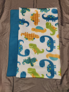 Pillowcase - Dinosaurs, Blue Green & Orange on White Fleece