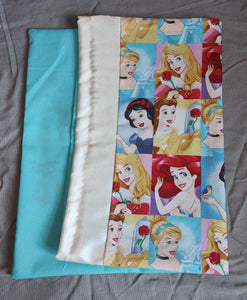 Toddler Pillowcase - Disney's Princesses, Block Cotton w/ White Flannel Back Satin::Aqua Cotton
