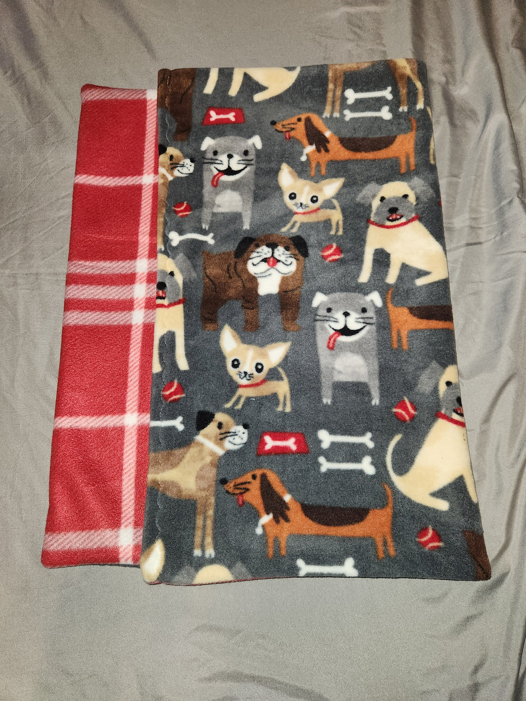 Pillowcase - Dog, Tan Brown & Grey on Grey Fleece::Plaid, Red and White Fleece