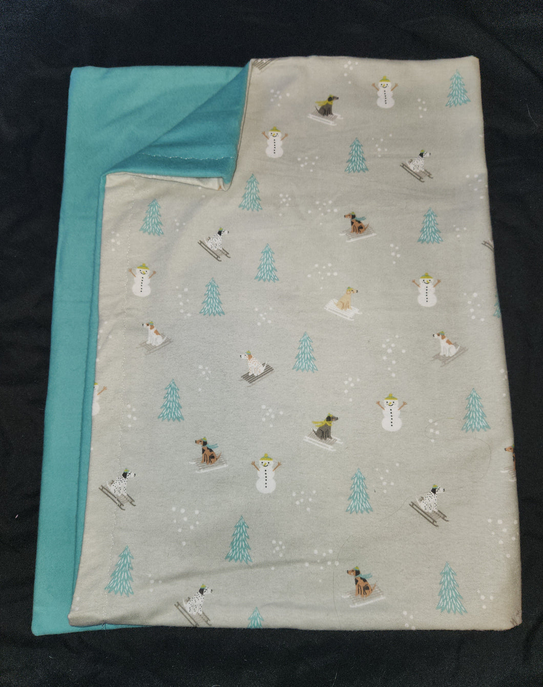 Pillowcase - Dogs, Sledding with Snowman on Grey Flannel::Light Teal Flannel