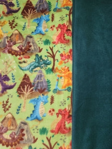 Throw Blanket - Dragons & Volcanoes on Green Fleece::Dark Green Fleece