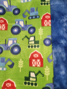 Throw Blanket - Farm Tractors on Green Fleece::Royal Blue Tie Dye Fleece