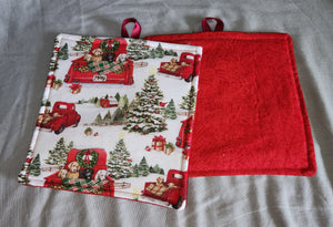 Potholder - Holiday Truck & Lab Puppies Cotton::Red Texture Cotton