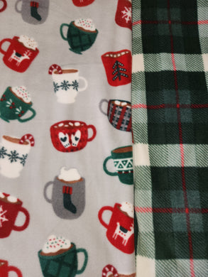 Throw Blanket - Hot Cocoa Mugs on Grey Fleece::Plaid, Green & Red Fleece