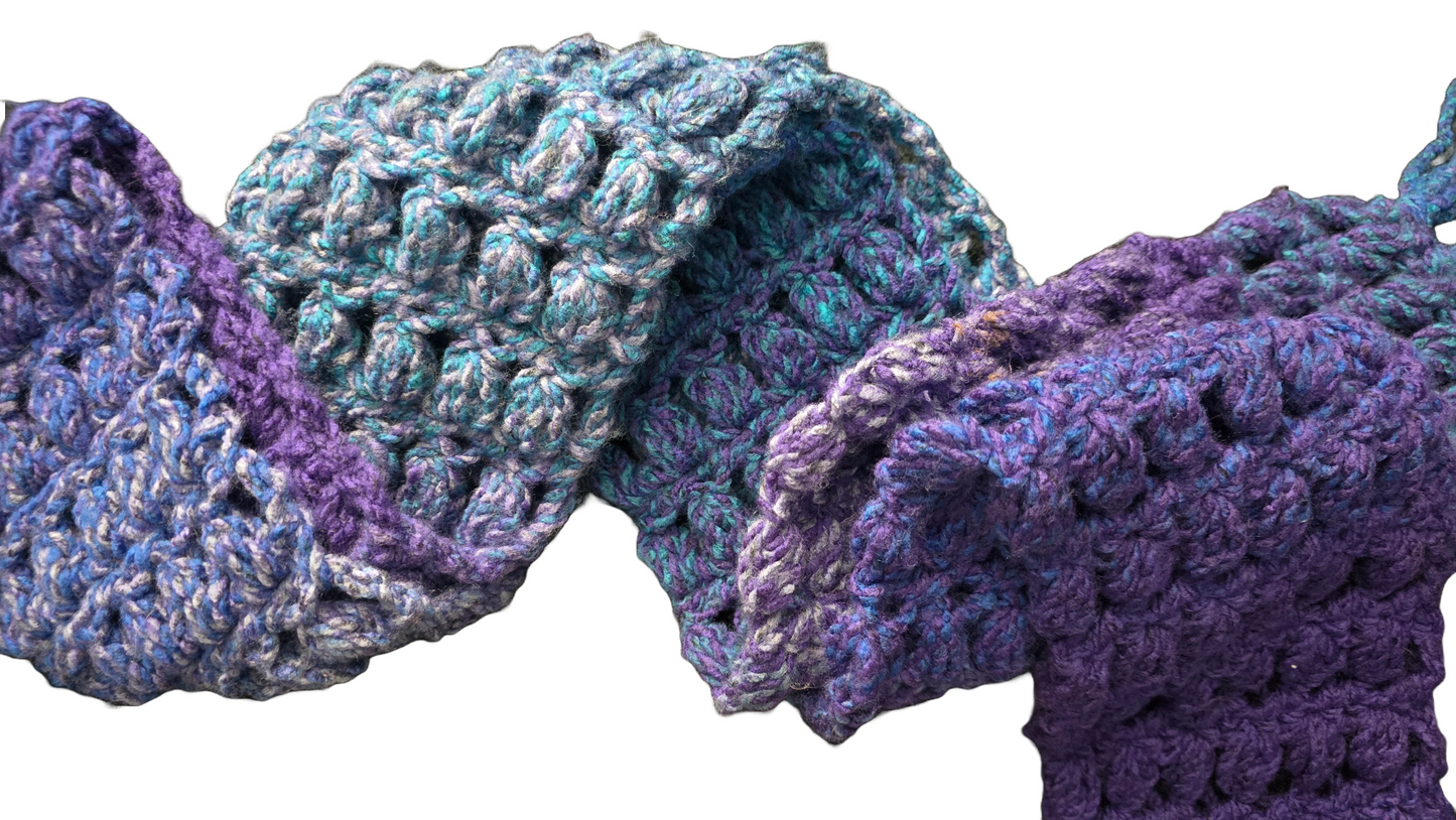 Crocheted Scarf: Purple, Blue, & Teal Blend - Premier, Puzzle: Hangman