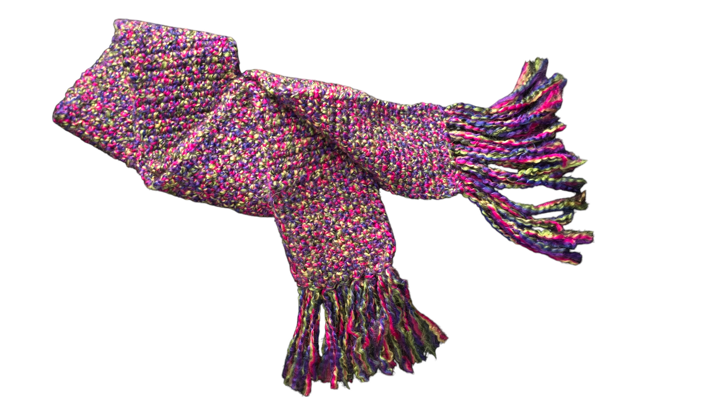 Crocheted Scarf: Purple, Pink, Green, & Yellow Blend - Lions Brand, Homespun: Vineyard