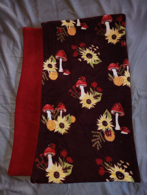 Pillowcase - Mushroom and Sunflowers on Burgundy Fleece::Red Fleece