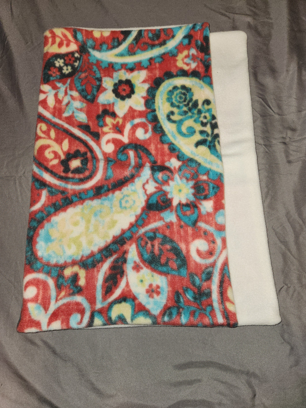 Pillowcase - Paisley, Bright Colors on Red Fleece::White Fleece