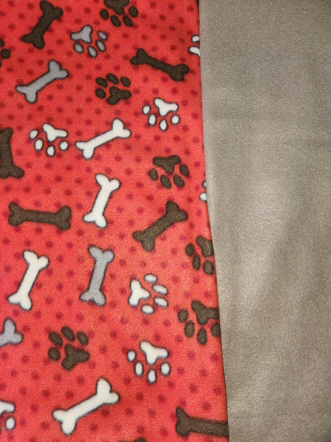 Throw Blanket - Paw Prints & Bones, Brown on Red Fleece::Light Brown Fleece