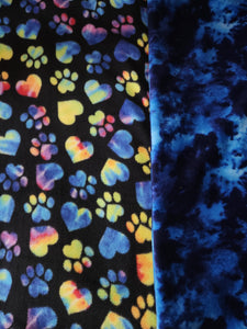Throw Blanket - Paw Prints & Hearts, Tie Dye on Black Fleece::Tie Dye, Blue Fleece