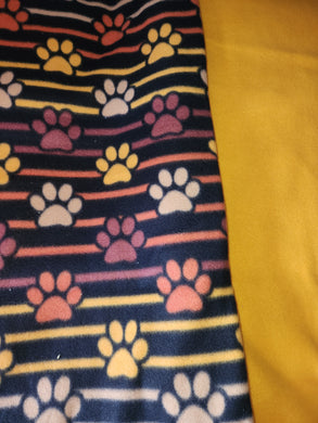 Throw Blanket - Paw Prints & Stripes on Black Fleece::Mustard Yellow Fleece