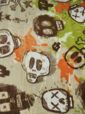 Throw Blanket - Skulls; Splatter in Green, Orange, Brown on Tan Fleece::Matching