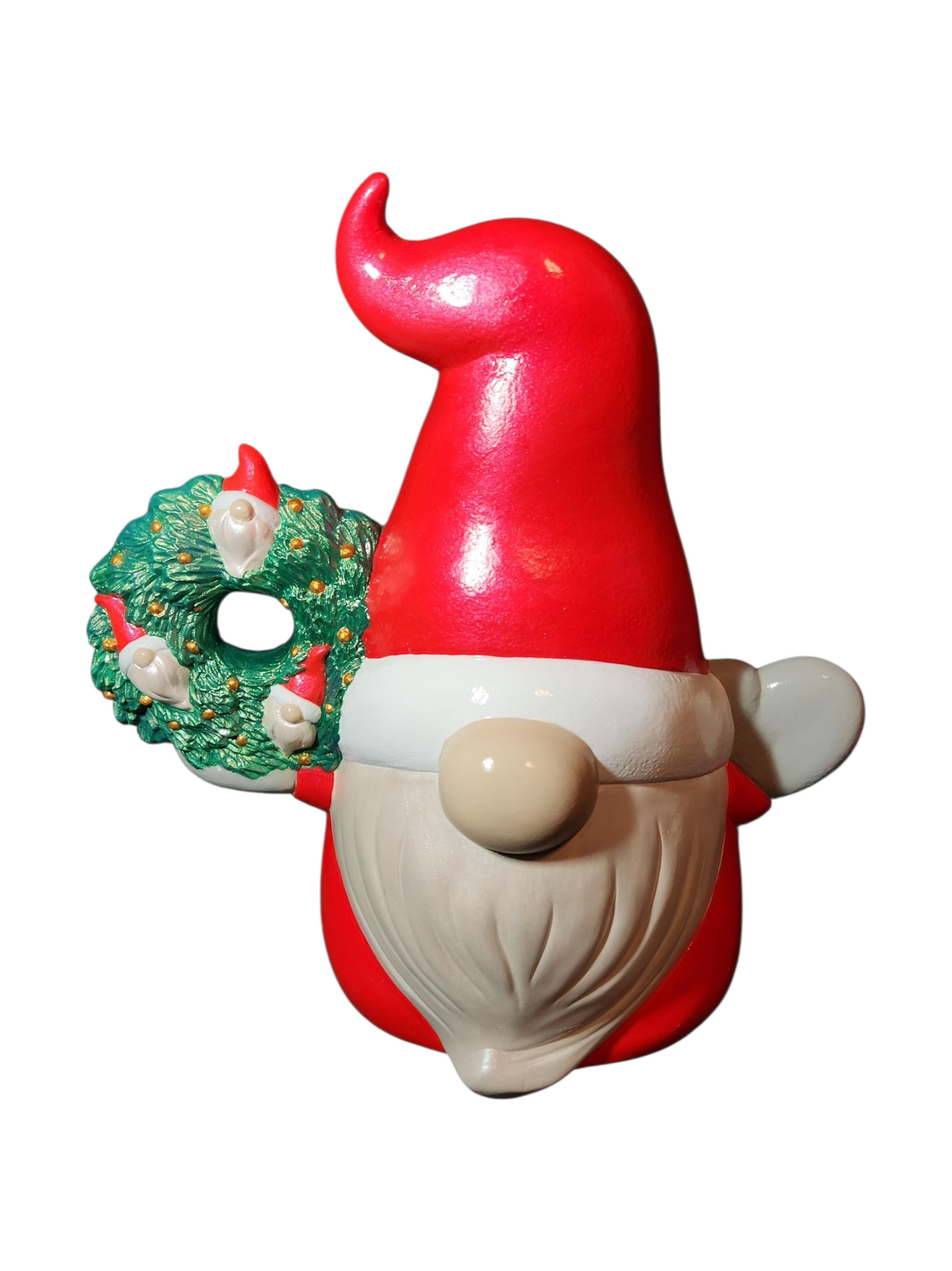 Handmade Ceramic Gnome, Santa w/Gnome Wreath