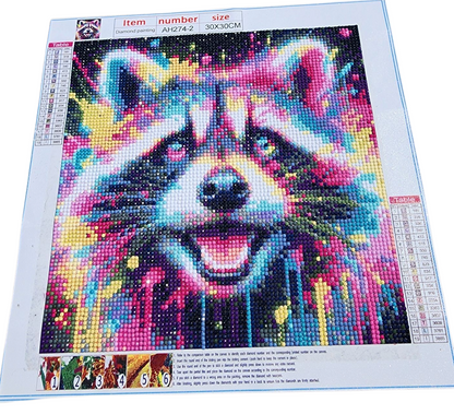Finished Diamond Painting - Neon Paint Splatter, Racoon