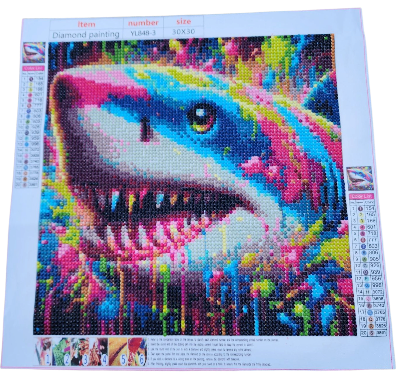 Finished Diamond Painting - Neon Paint Splatter, Great White Shark