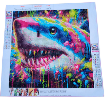 Finished Diamond Painting - Neon Paint Splatter, Great White Shark