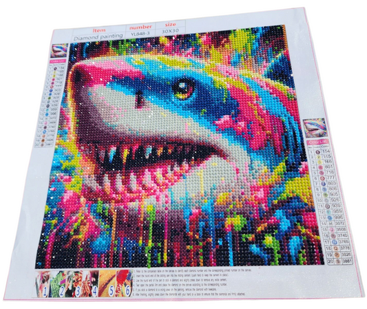 Finished Diamond Painting - Neon Paint Splatter, Great White Shark