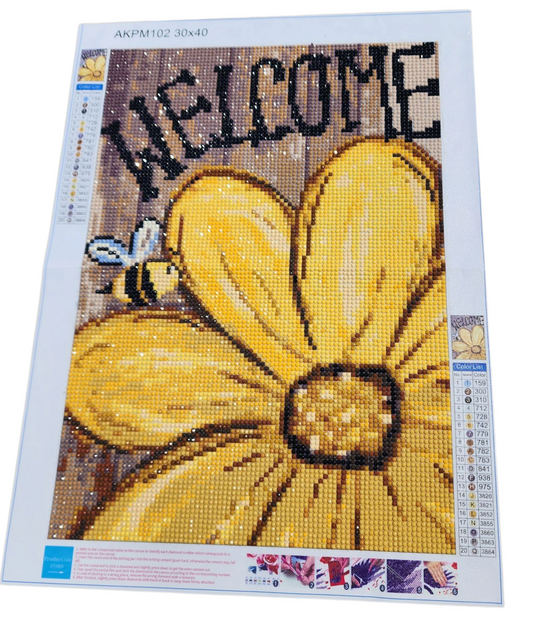 Finished Diamond Painting - Welcome Sign, Daisy & Bee