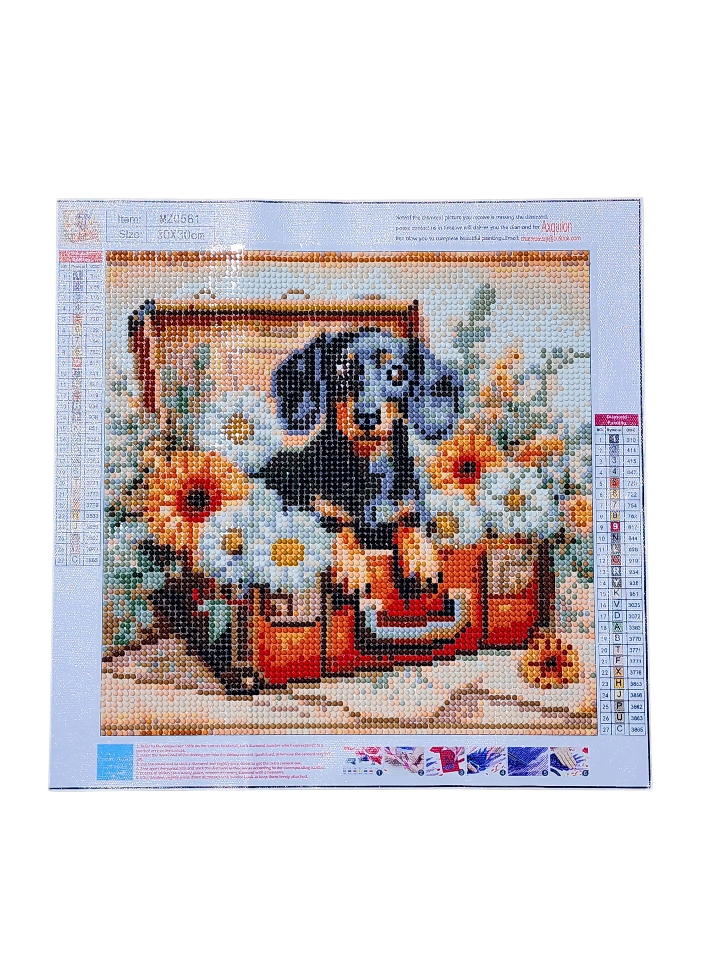 Finished Diamond Painting - Dachshund Puppy in Suitcase with Flowers