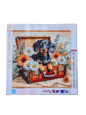 Finished Diamond Painting - Dachshund Puppy in Suitcase with Flowers