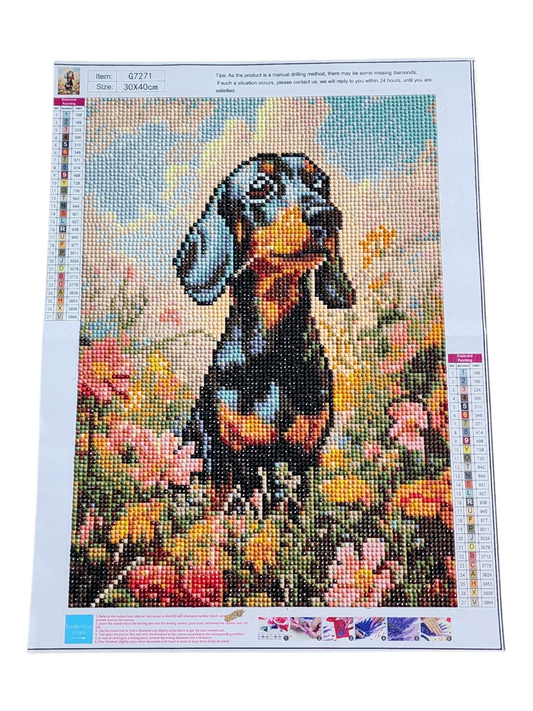 Finished Diamond Painting -Dog, Dachshund in Flower Field