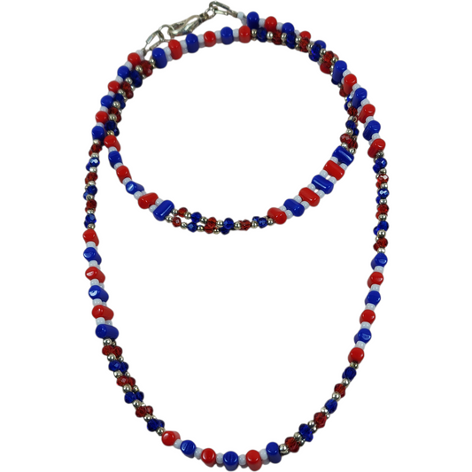 Handmade Beaded Bracelet, 2-Strand - Red, White, & Blue, 18"